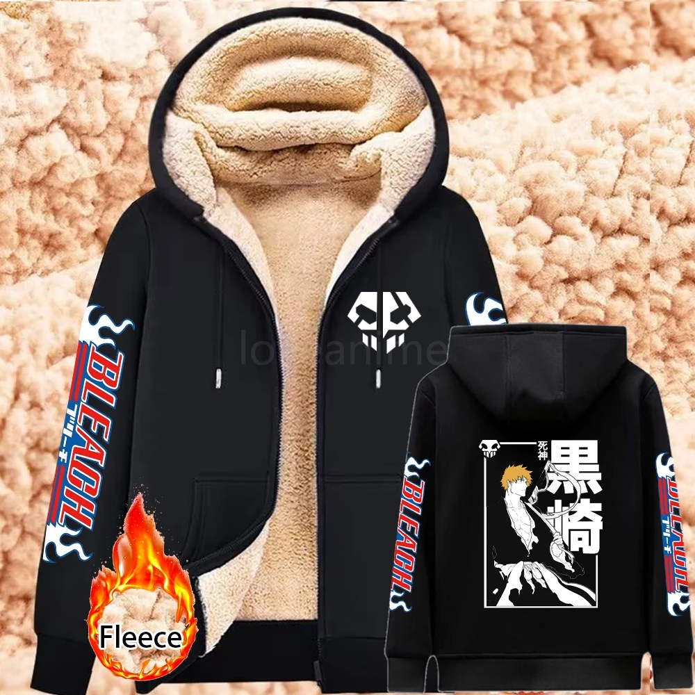 

Fleece Hoodie Anime BLEACH Jackets Men Thicken Zip Up Hoodies Winter Lambswool Warm Sweatshirts Men Streetwear Fleece Coats