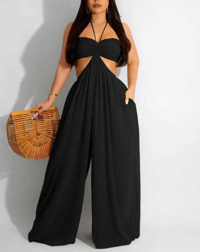 

2023 Summer Sexy Women's Casual Jumpsuit Fashionable Style Cutout Waist Wide Leg Flared Jumpsuit Y2K Beach Vacation