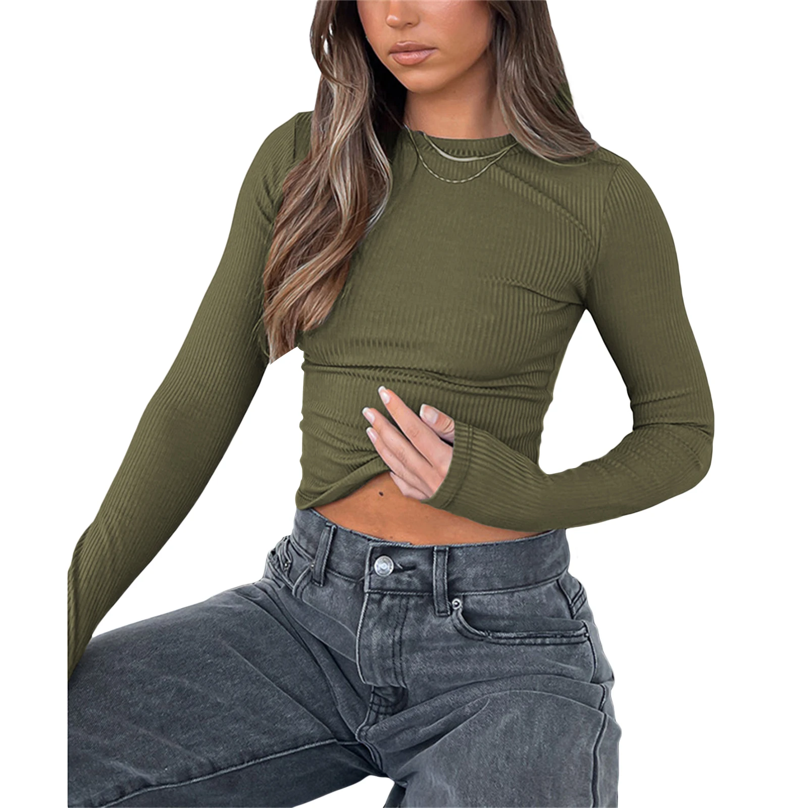 

Women's Ribbed Slim Top Long Sleeve Crewneck Skinny Basic Tee Tops Fall Winter Aesthetic 2000s Solid Color Cropped T-shirt