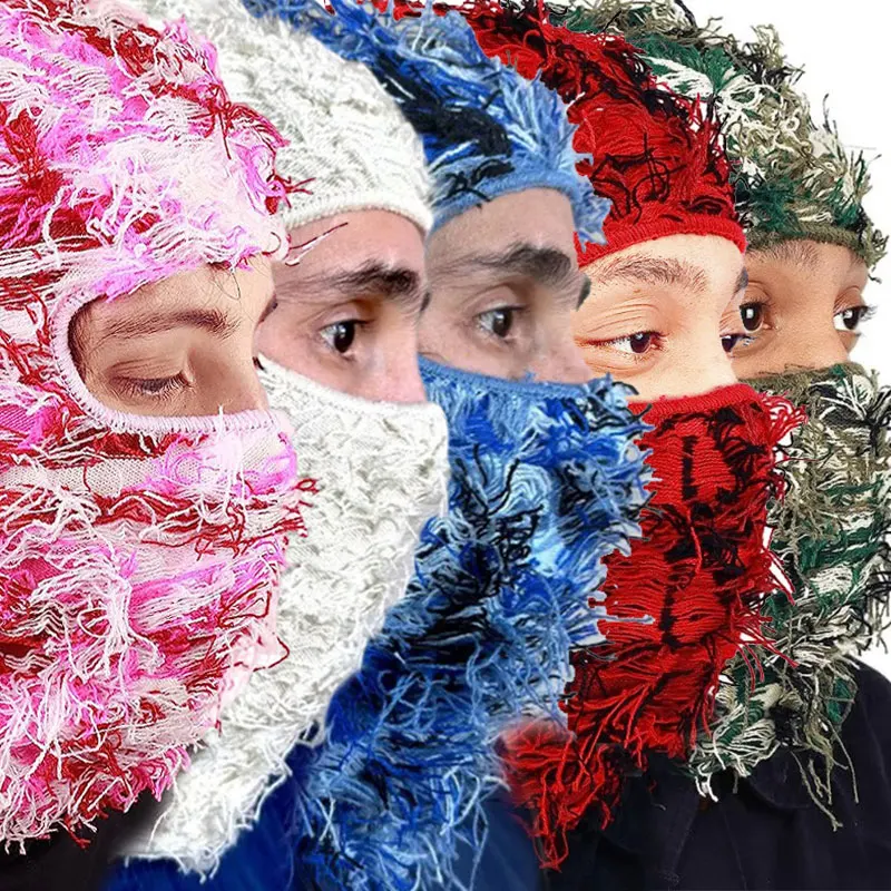 

Balaclava Distressed Ski Mask Knitted Camouflage Hats Skullies Mask Elastic Cap Winter Warm Full Face Shiesty Mask Ski Balaclava