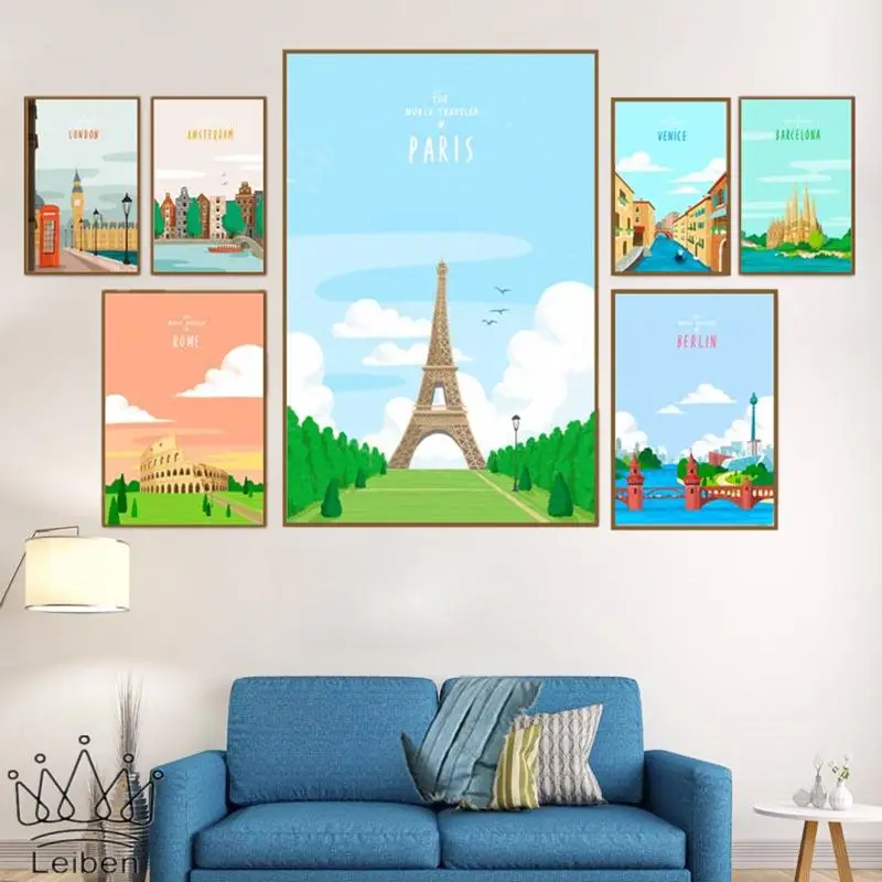 

Nordic Travel City Canvas Prints Amsterdam London Paris Rome Berlin Scenery Art Poster Modern Wall Painting for Bedroom Decor