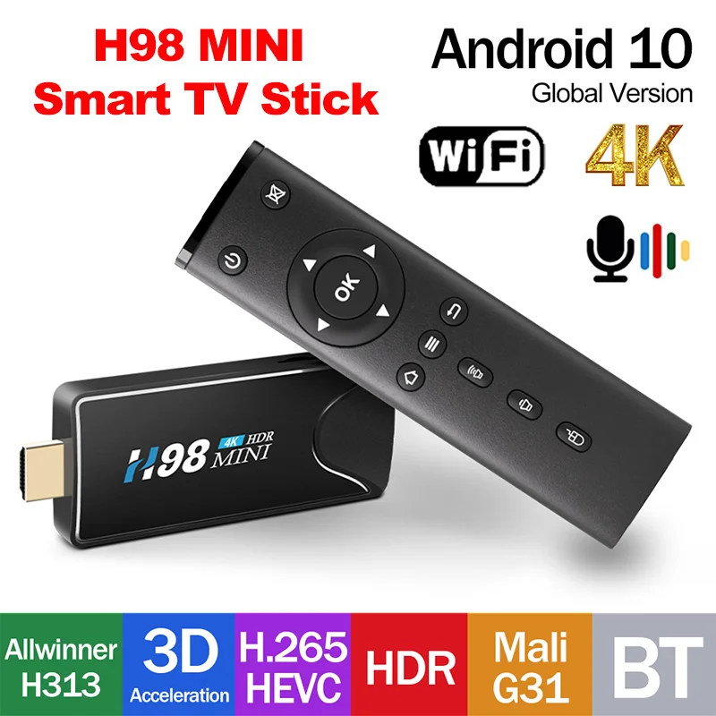 

4K TV Stick H98 MINI Android 10 Smart TV Box Allwinner H313 Quad Core 2GB 16GB TVBOX 1GB 8GB 2.4G&5G Dual Wifi BT4.0 Set Top Box