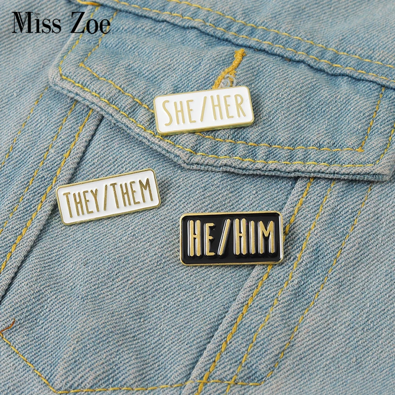 

Simple Pronouns Enamel Pins Custom HE HIM SHE HER THEY THEM Brooches Black White Lapel Badges Fun Jewelry Gift for Friends