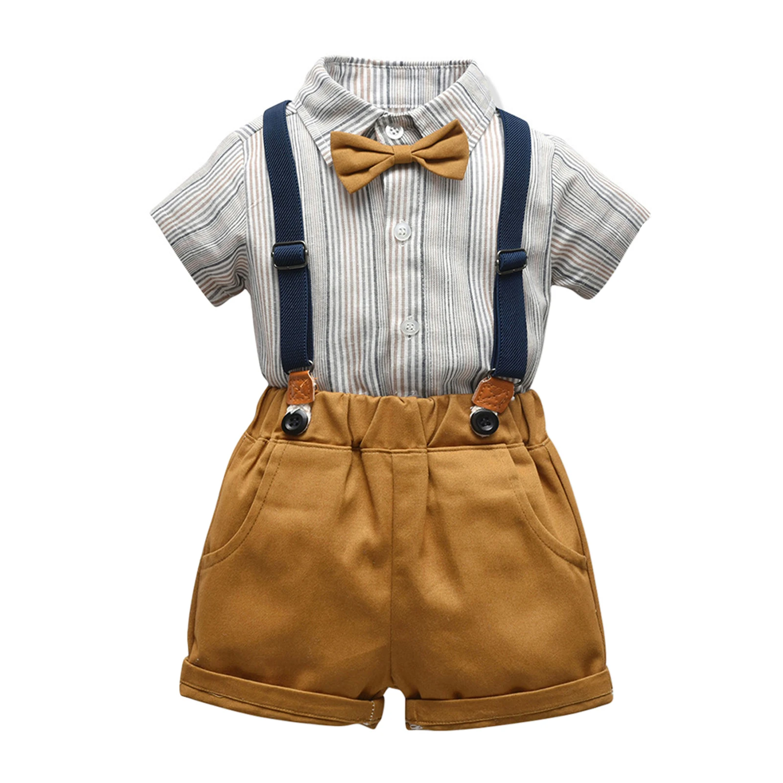 

Toddler Kids Boys 2 Pieces Outfits Set Stripe Short Sleeve Bow-Tie Shirts + Suspender Bib Shorts Summer Gentleman Set 1-6Years