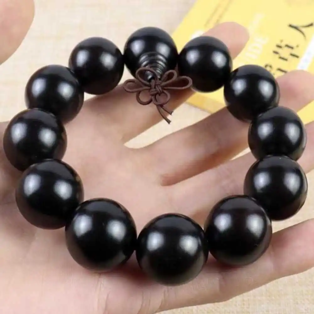 

20MM Natural Ebony Cuff Men Mala Buddha Lucky Bracelet Glowing Thanksgiving Day Souvenir Pray Bless Elegant Meditation Gift