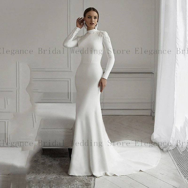 Classic Long White Trumpet Wedding Dress for Women Brush Train Long Sleeve High Neck Bride Dress for Muslim Satin Wedding Gowns 
Classic Long White Trumpet Wedding Dress for Women Brush Train Long Sleeve High Neck Bride Dress for Muslim Satin Wedding Gowns