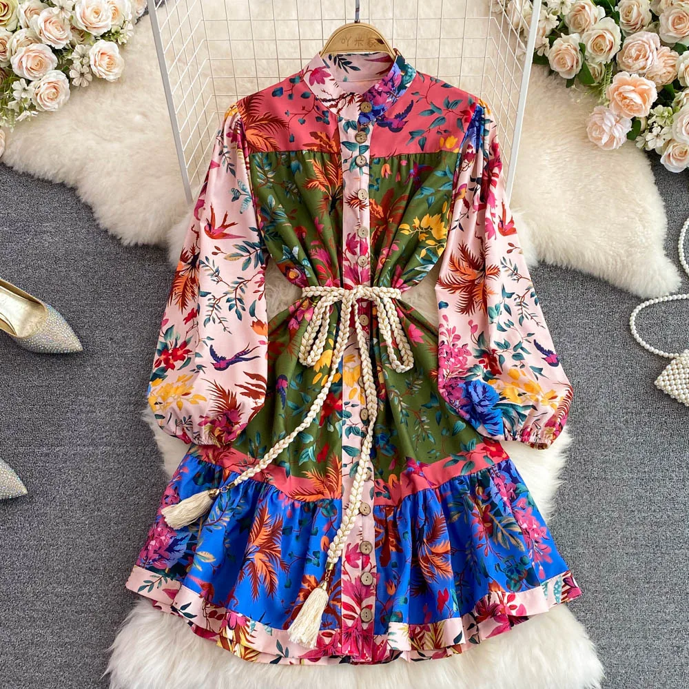 

Autumn Australian Niche Ladies Temperament Seaside Vacation Stand-up Collar Lantern Sleeves Single-breasted Printed A-line Dress