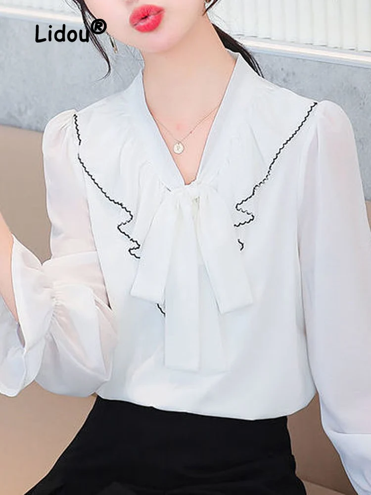 Elegance Solid Color Ruffles Butterfly Knot Lacing White Blouse Women New Classic Long Sleeve V-neck Fashion All-match Top 2022
Elegance Solid Color Ruffles Butterfly Knot Lacing White Blouse Women New Classic Long Sleeve V-neck Fashion All-match Top 2022