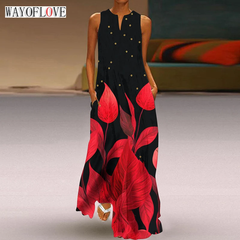 WAYOFLOVE Ladies Spring Summer Black Long Dress Sleeveless V-neck Leaf Printed Beach Maxi Dresses Elegant Casual Dress For Women
WAYOFLOVE Ladies Spring Summer Black Long Dress Sleeveless V-neck Leaf Printed Beach Maxi Dresses Elegant Casual Dress For Women