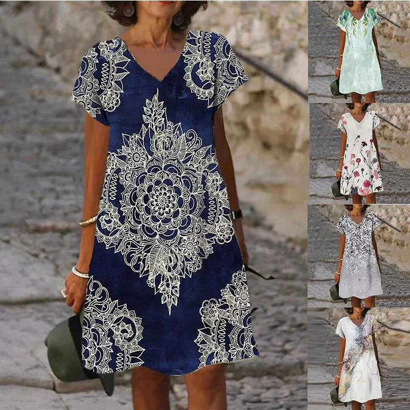 Women's Shift Dress Short Sleeve Geometric Floral Print Knee Length Dress Spring Summer V Neck Fashion Casual Skirt 2022
Women's Shift Dress Short Sleeve Geometric Floral Print Knee Length Dress Spring Summer V Neck Fashion Casual Skirt 2022