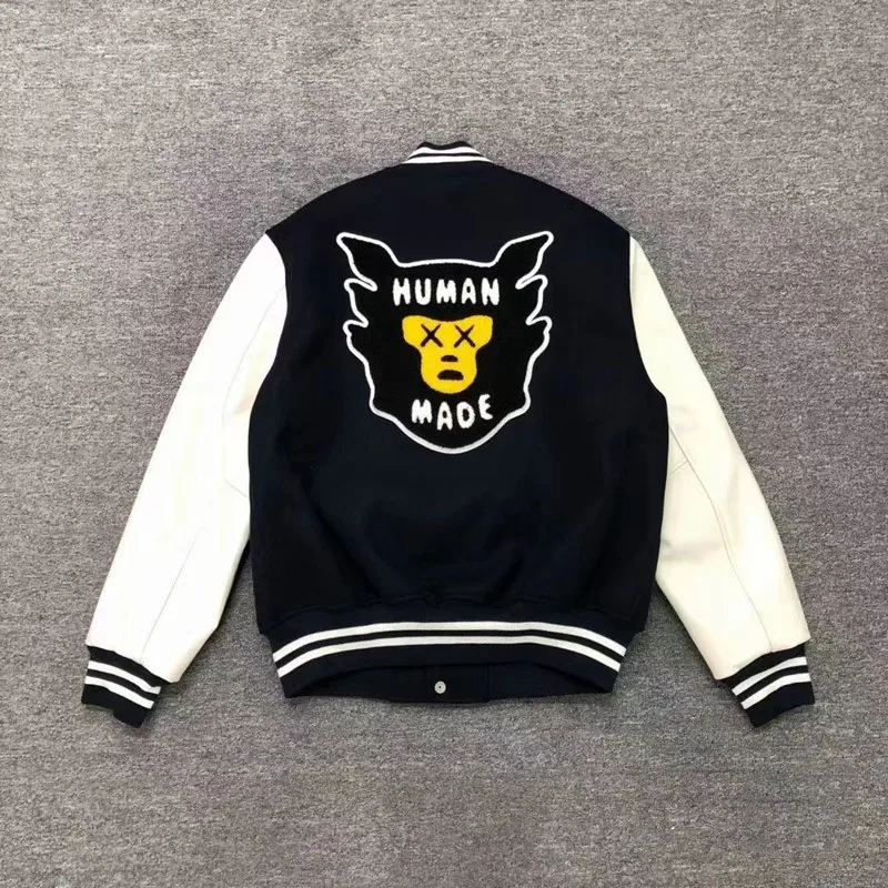 Human Made Leather Sleeve Jackets Patchwork Embroidery Men Women Casual Baseball Uniform Monkey Jackets
Human Made Leather Sleeve Jackets Patchwork Embroidery Men Women Casual Baseball Uniform Monkey Jackets