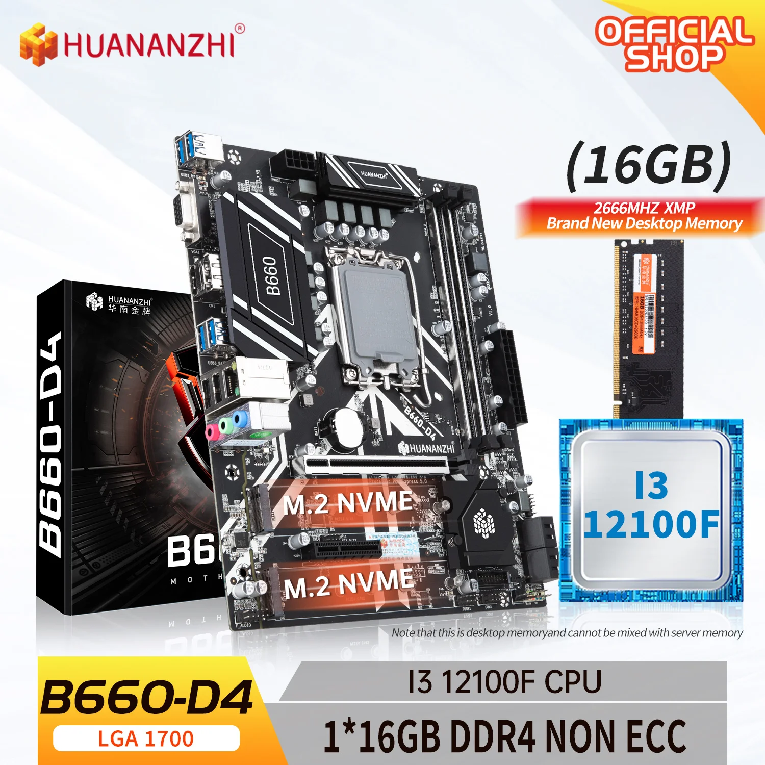 HUANANZHI B660 D4 Motherboard with Intel Core i3 12100F LGA 1700 with 1*16G DDR4 NON ECC memory Support XMP combo kit
HUANANZHI B660 D4 Motherboard with Intel Core i3 12100F LGA 1700 with 1*16G DDR4 NON ECC memory Support XMP combo kit