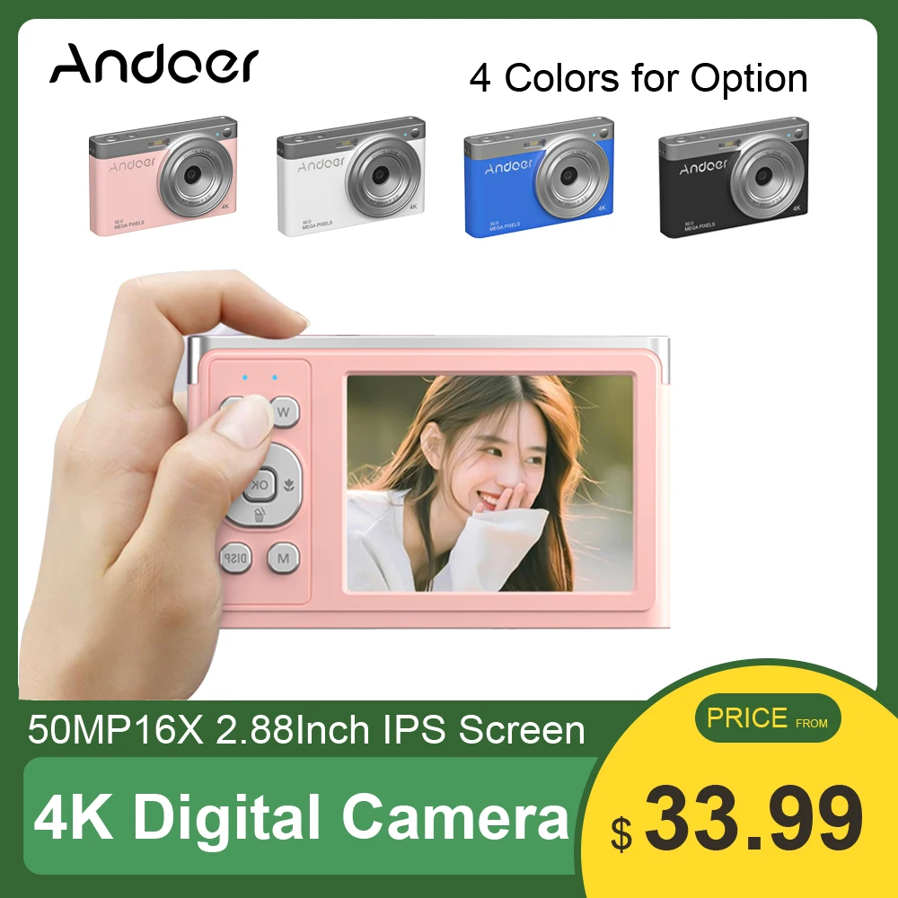 

Цифровая видеокамера Andoer 4K, видеокамера 50 МП с автофокусом, 16-кратный зум, стабилизатор лица, со встроенной вспышкой, сумка для переноски