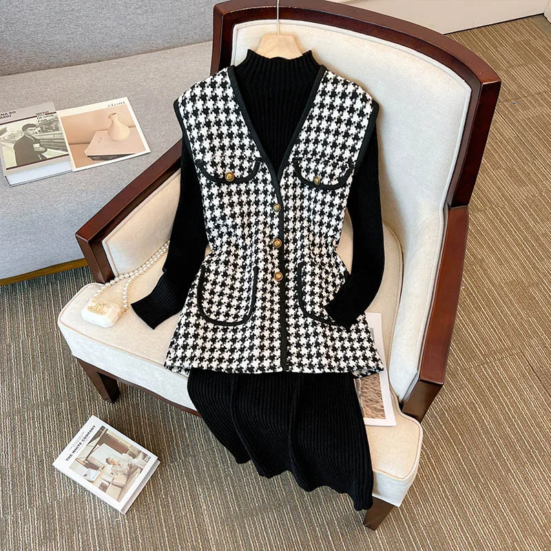 Autumn Winter Elegant Two-piece Set For Women 2023 Plaid Vest Tops And Knitted Long Dresses Large Size Female Loose Black Suits
Autumn Winter Elegant Two-piece Set For Women 2023 Plaid Vest Tops And Knitted Long Dresses Large Size Female Loose Black Suits