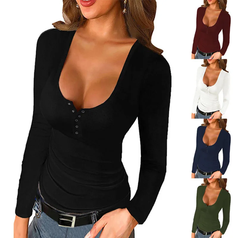 Spring Autumn Sexy O Neck Low-cut Button Women's T Shirt Tops Casual Bodycon Long Sleeve Ladies Thread T Shirts Female Tee 2022
Spring Autumn Sexy O Neck Low-cut Button Women's T Shirt Tops Casual Bodycon Long Sleeve Ladies Thread T Shirts Female Tee 2022