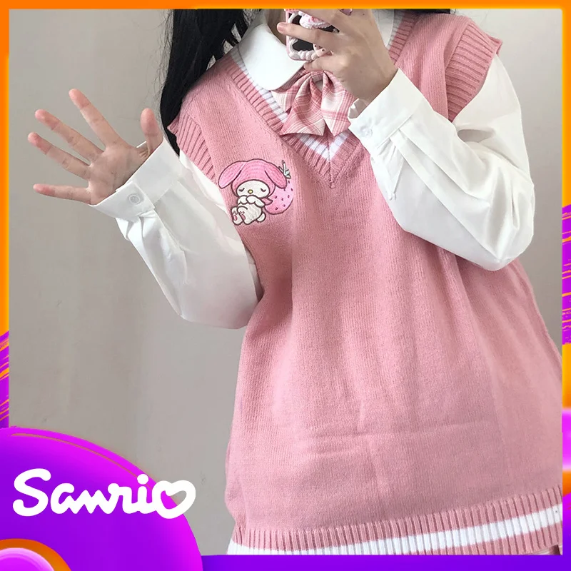 

JK Sanrio Sweater Kuromi Mymelody Cinnamoroll Kawaii Cute V-Neck Waistcoat Vest College Lolita Girl Clothing Anime Knitwear Gift