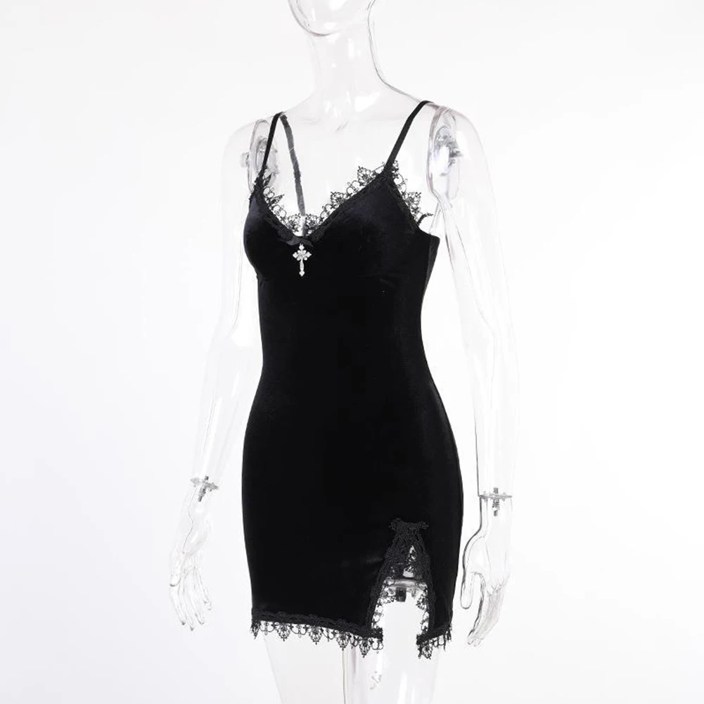 Women Gothic Short Dress Sexy Spaghetti Strap High Waist Slit Dresses Soild Slim
Women Gothic Short Dress Sexy Spaghetti Strap High Waist Slit Dresses Soild Slim