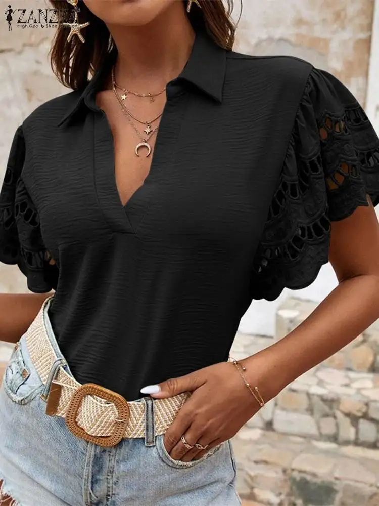 

Женская летняя рубашка ZANZEA с отложным воротником и коротким рукавом, элегантная кружевная вязаная крючком ажурная блузка, стильные праздни...
