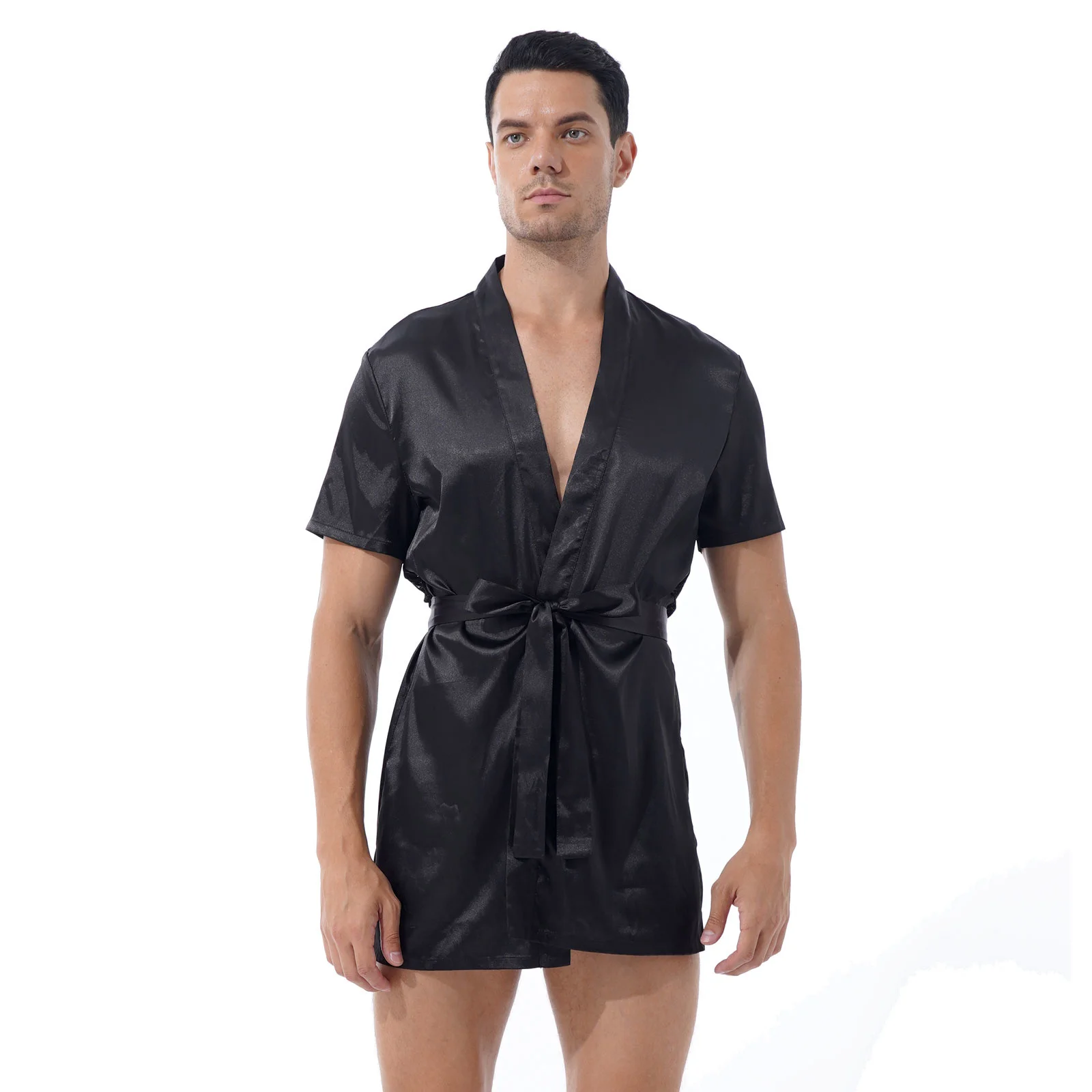 Men Summer Soft Breathable Nightwear Satin Kimono Night Robe Black S-Through Lace Floral Patchwork Back Slpwear with Belt
Men Summer Soft Breathable Nightwear Satin Kimono Night Robe Black S-Through Lace Floral Patchwork Back Slpwear with Belt