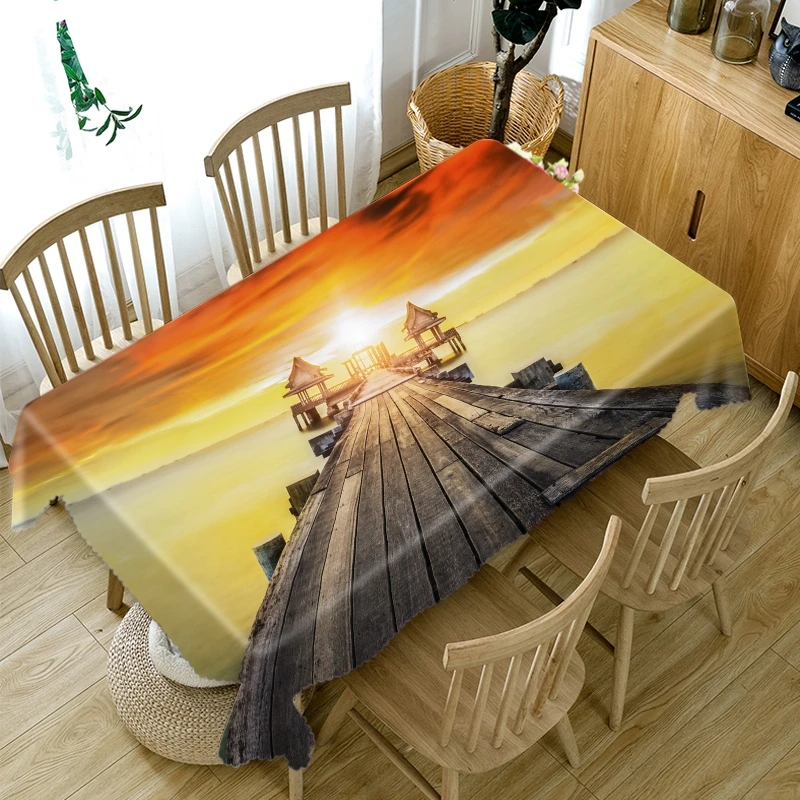 

3D Bamboo Bridge Pattern Sunset Seascape Tablecloth Thicken Cotton Rectangular Table Cloth for Wedding Decoration Picnic Party