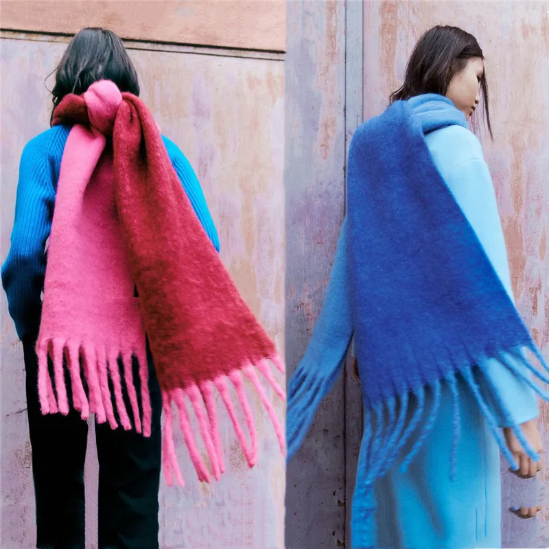 

2022 Autumn and Winter New Style Long Tassel Scarf Solid Color Gradual Change Mohair Women's Scarf Thickened Warm Wrapped Cape