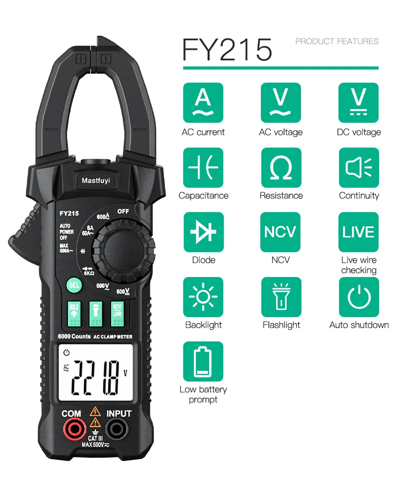 FY215 High Precision Clamp Meter Multimeter Digital Ammeter Clamp Clamp Universal Meter AC and DC Universal Meter
FY215 High Precision Clamp Meter Multimeter Digital Ammeter Clamp Clamp Universal Meter AC and DC Universal Meter