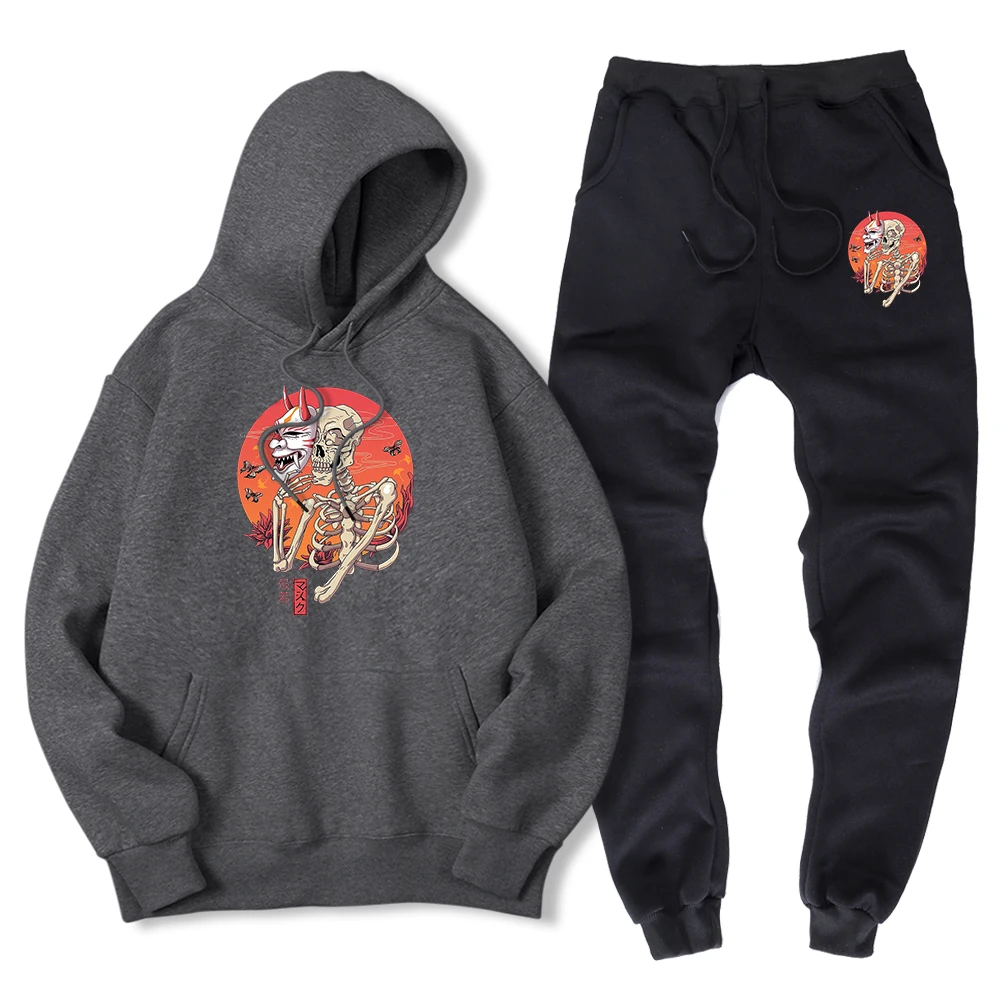 

Japanese Demon Hannya Yokai Oni Mask Mens Hoodie Fashion Casual 2 Piece Sets Hoody + Pant Loose Oversized Sweatshirt + Sweatpant