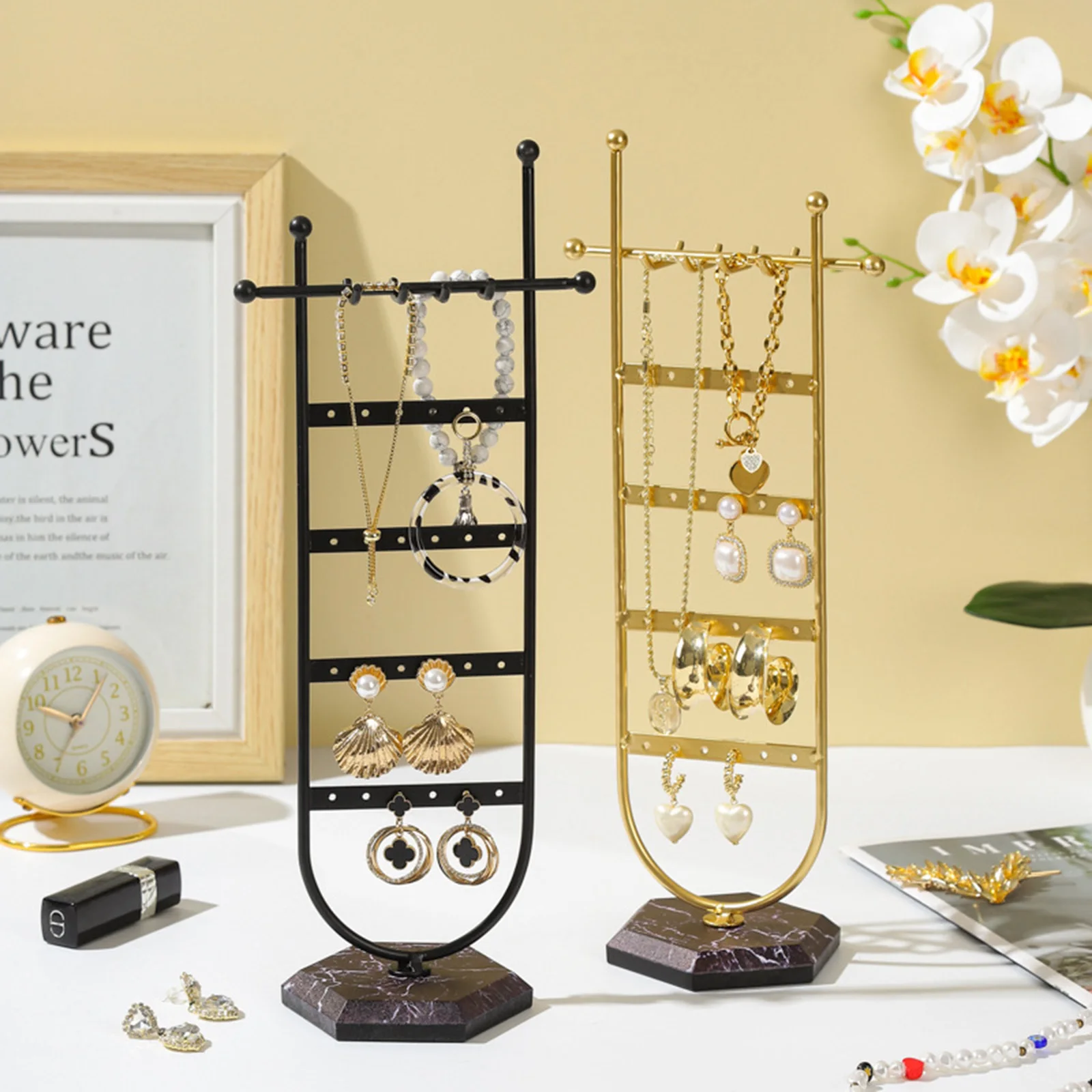 Jewelry Display Stand with Ring Tray Metal Earring Holder Organizer Earring Holder for Watches Bracelet Necklace Tabletop Rings 
Jewelry Display Stand with Ring Tray Metal Earring Holder Organizer Earring Holder for Watches Bracelet Necklace Tabletop Rings