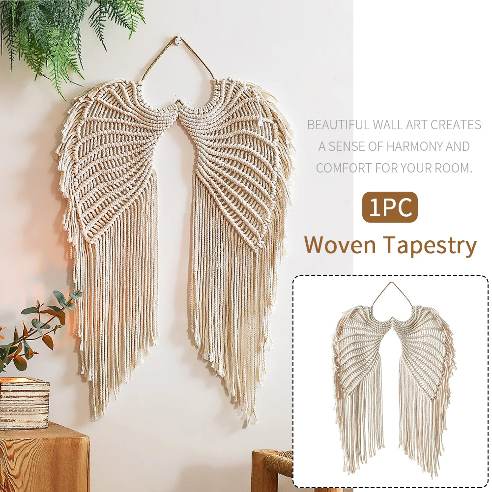 

Symmetrical Design Wall Hanging With Tassels Art Home Decor Gift Apartment Handcraft Angel Wings Woven Tapestry Housewarming