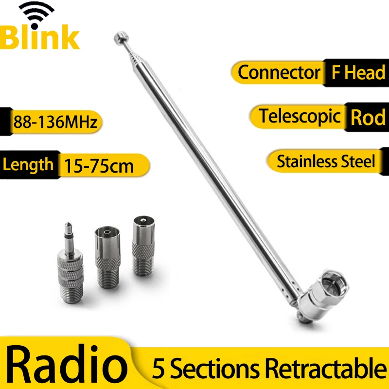 Universal Telescopic Rod Antenna Stainless Steel FM Radio Antenna 5 Sections Retractable Length 15-75cm F Head Connector 88-136M
Universal Telescopic Rod Antenna Stainless Steel FM Radio Antenna 5 Sections Retractable Length 15-75cm F Head Connector 88-136M