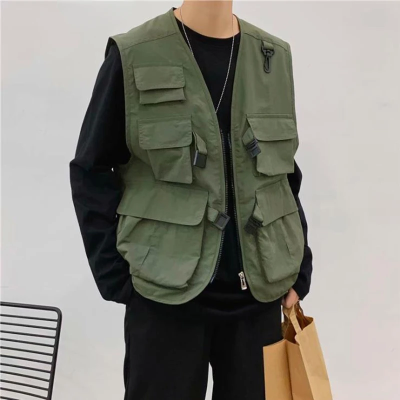

Hip Hop Outdoors Fashion Coat Men Multi-pocket Sleeveless Vest Mens Streetwear Tooling Jacket Vest Cargo