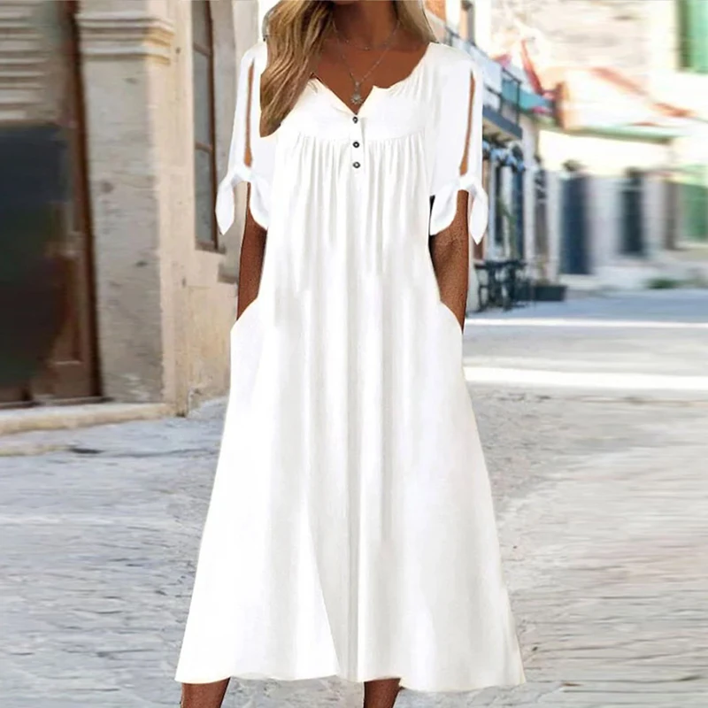 Женское Плиссированное длинное платье Bohe с V-образным вырезом, модель 2023 года, женское свободное платье на пуговицах, винтажное элегантное Ажурное белое платье с коротким рукавом 
Женское Плиссированное длинное платье Bohe с V-образным вырезом, модель 2023 года, женское свободное платье на пуговицах, винтажное элегантное Ажурное белое платье с коротким рукавом