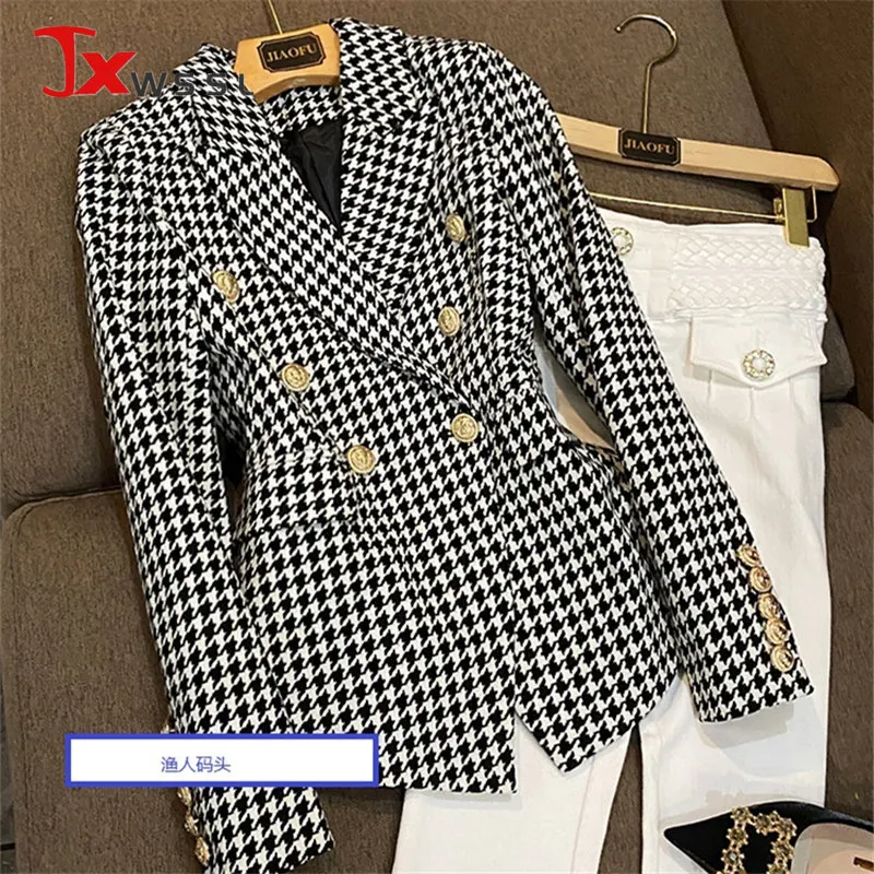 Houndstooth Blazer Jacket Women High Quality Fashion Golden Lion Button Slim Suit Jacket Ladies Casual Office Blazers Coat
Houndstooth Blazer Jacket Women High Quality Fashion Golden Lion Button Slim Suit Jacket Ladies Casual Office Blazers Coat