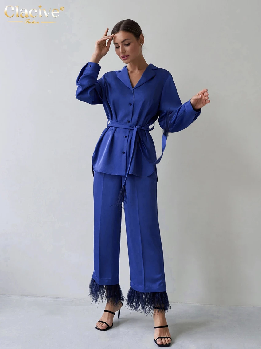 Clacive Autumn Fashion Blue Satin Trouser Suits Elegant Chic Lace-Up Long Sleeve Blouse Feather Spliced Pants Set Woman 2 Pieces
Clacive Autumn Fashion Blue Satin Trouser Suits Elegant Chic Lace-Up Long Sleeve Blouse Feather Spliced Pants Set Woman 2 Pieces