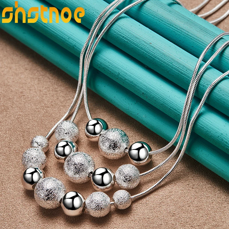 

SHSTONE Hot 925 Sterling Silver Three Snake Chain Layered Matte Smooth Bead Pendant Necklace Women Wedding Fashion Charm Jewelry