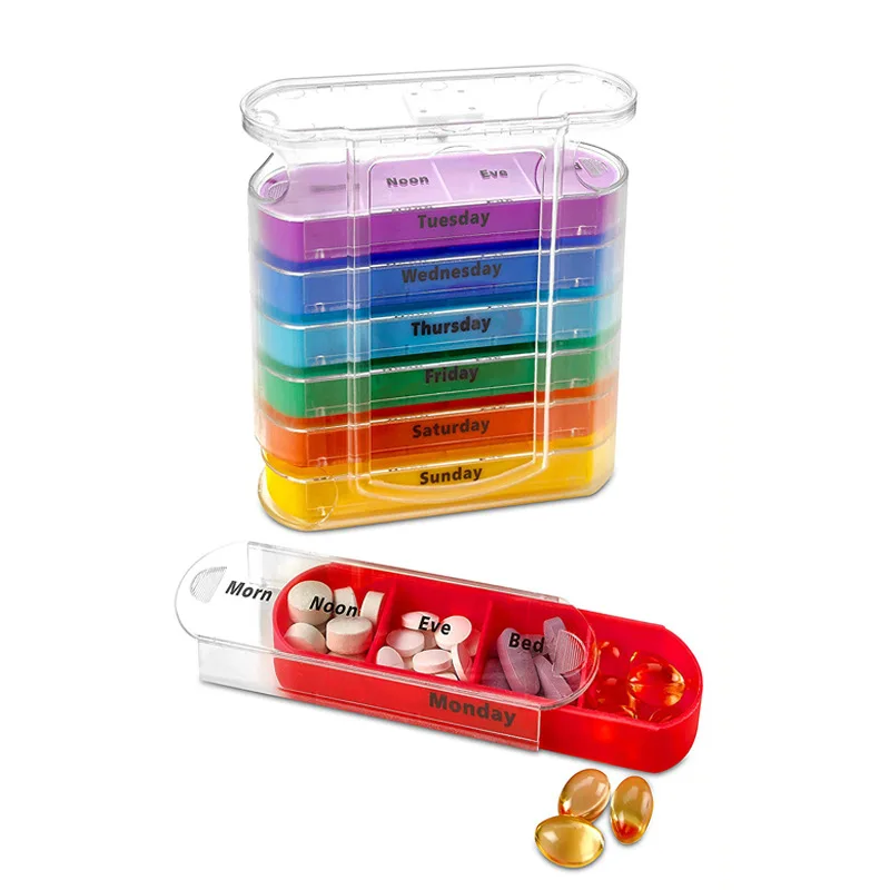 

Weekly 7 Days Pill Organizer Four Times-a-Day Medication Reminder 28 Compartments Plastic Pill Box Medicine Dispenser for Travel