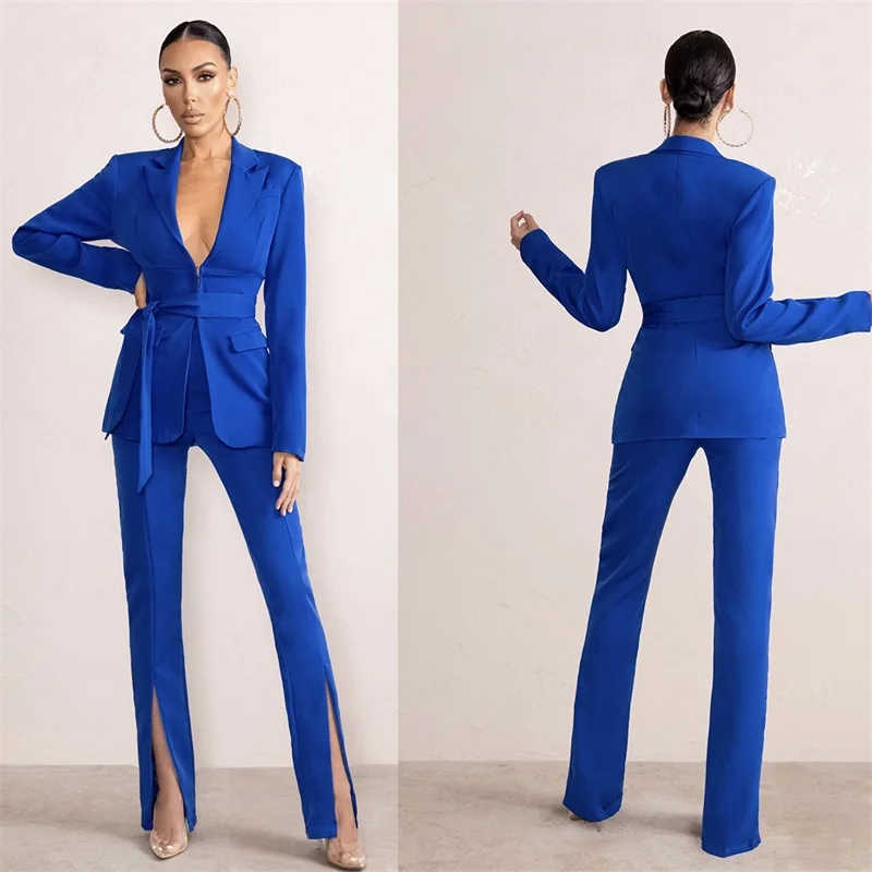 Royal Blue Women Pants Suits Set 2 Pieces Blazer With Belt+Split Trousers V Neck Wedding Formal Prom Dress Custom Made
Royal Blue Women Pants Suits Set 2 Pieces Blazer With Belt+Split Trousers V Neck Wedding Formal Prom Dress Custom Made