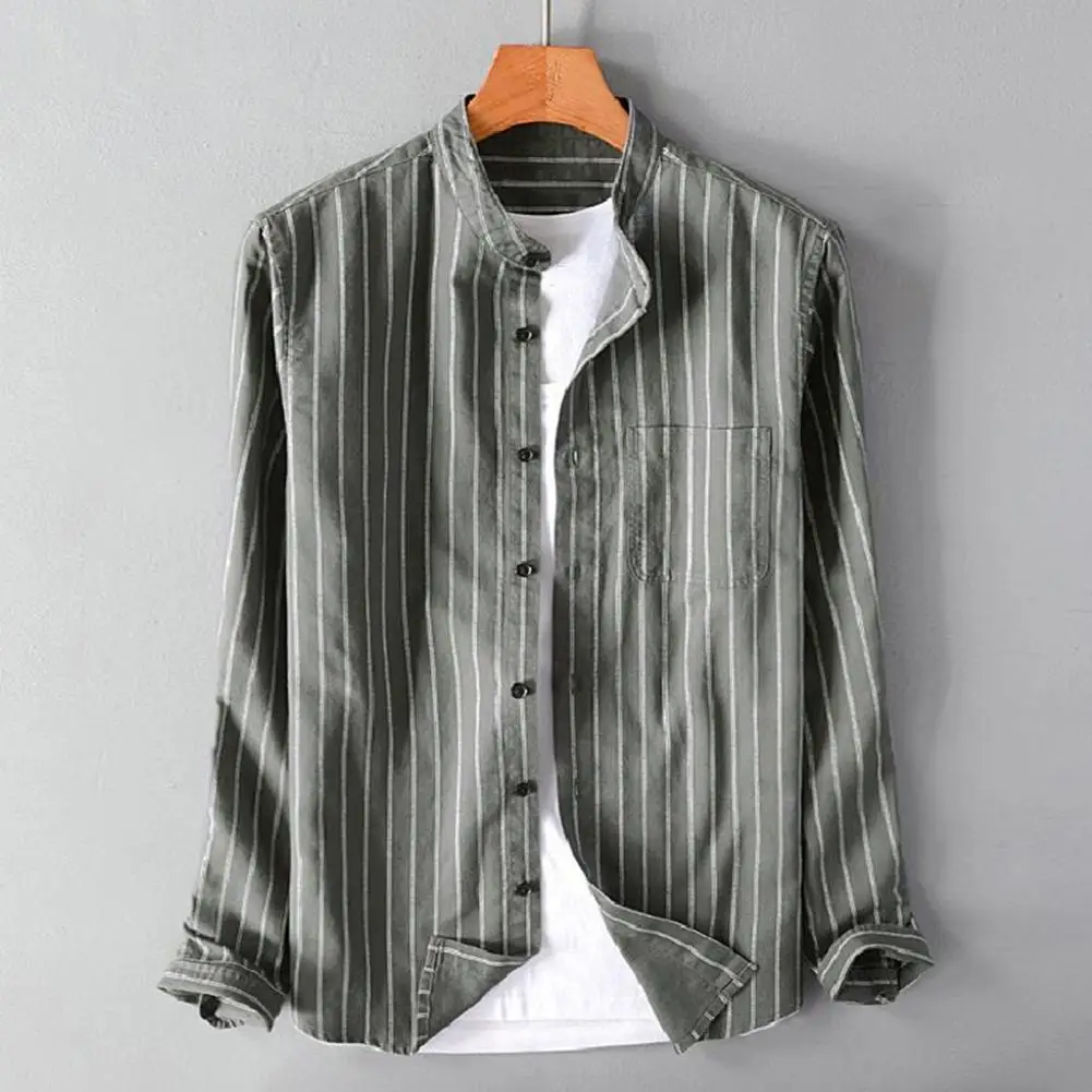 

Мужская рубашка в полоску, однобортная рубашка с воротником-стойкой и длинными рукавами, с накладным карманом, уличная одежда для осени