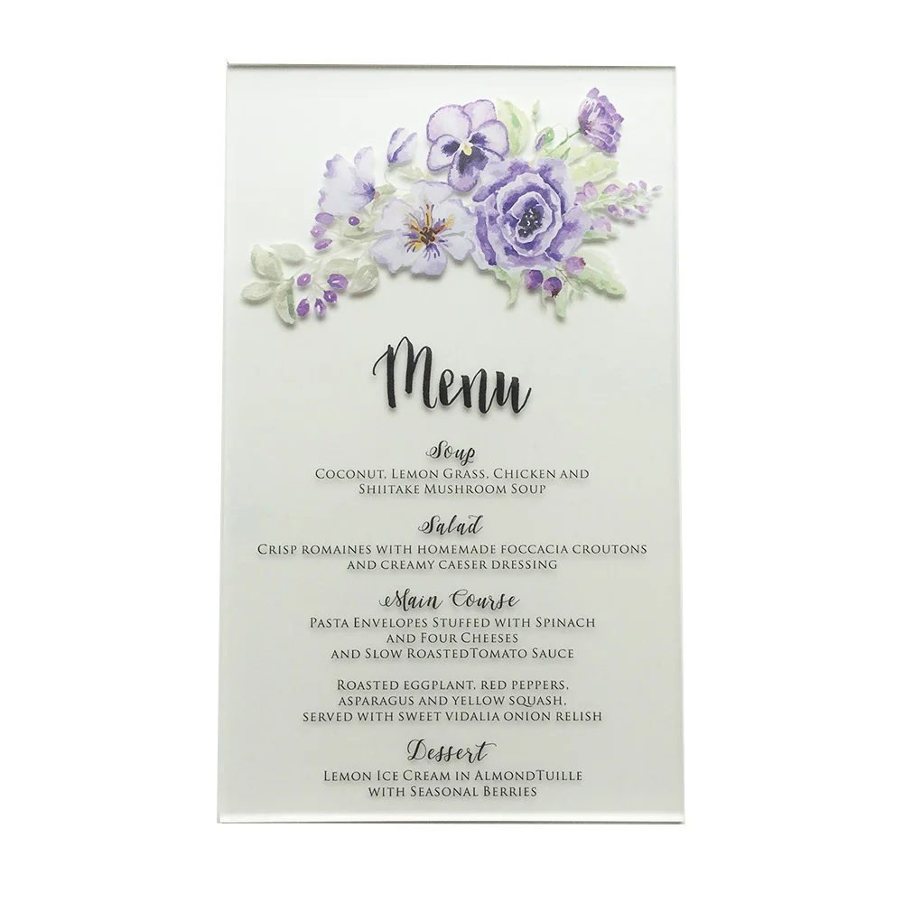 Customized 20pcs Per Lot 120x200mm Purple Floral Watercolor Style Frosted Acrylic Wedding Menu Cards
Customized 20pcs Per Lot 120x200mm Purple Floral Watercolor Style Frosted Acrylic Wedding Menu Cards