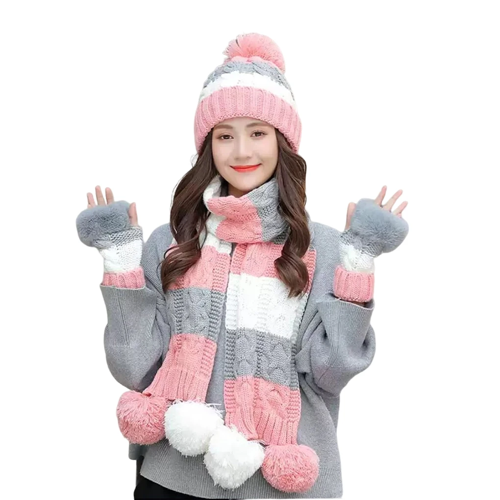 

3pcs Beanies Korean Hat Warm Suit Scarf Colour Mixture Fried Dough Weave Gloves Stringy Selvedge Winter Outdoor