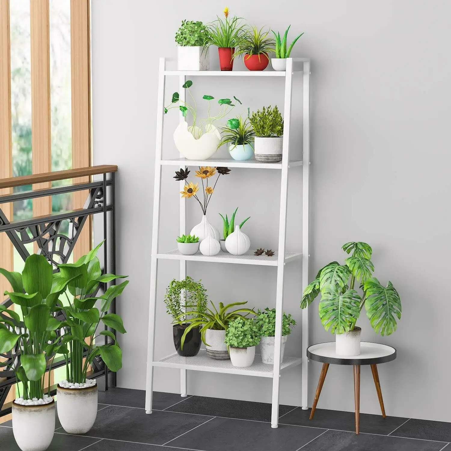 

Ladder Shelf 4-Tier Bookshelf Plant Flower Stand Storage Rack Industrial Organizer Modern Shelves Shelving Bookcase Stable Metal