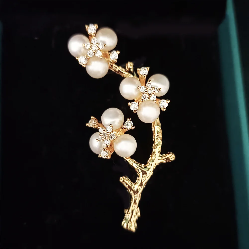 

OKILY Niche Design Chinese Style Plum Blossom Corsage Elegant Freshwater Pearl Wax Plum Brooch Coat Accessories Pin Jewelry