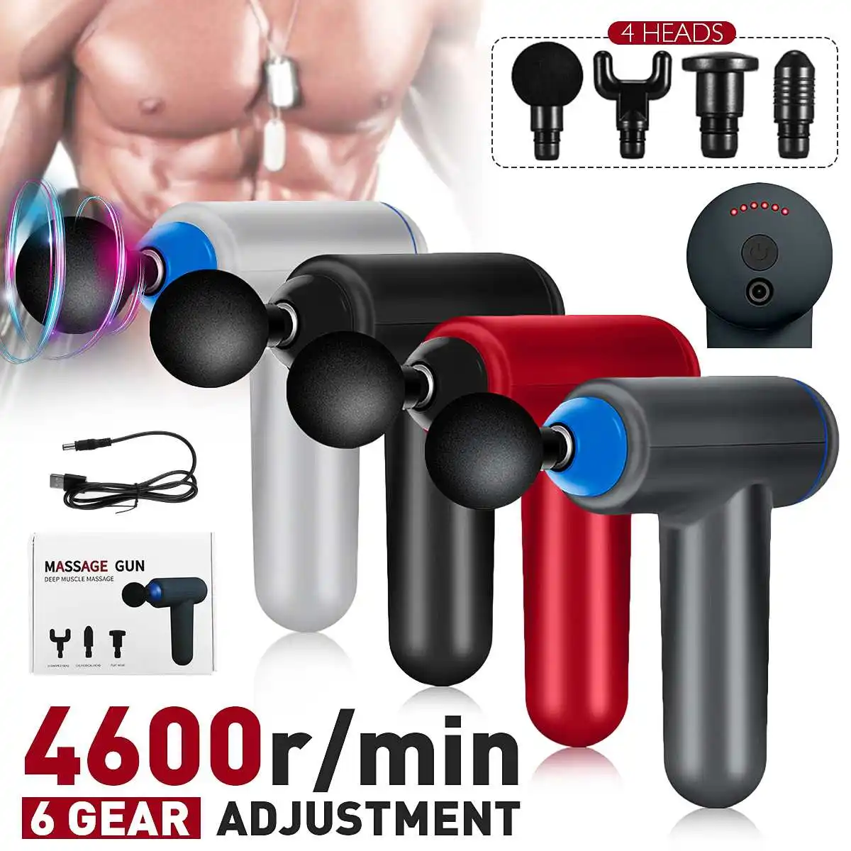 4600r/min USB Therapy Massage Guns 6 Gears Muscle Massager Pain Sport Massage Machine Relax Body Slimming Relief 4 Heads
4600r/min USB Therapy Massage Guns 6 Gears Muscle Massager Pain Sport Massage Machine Relax Body Slimming Relief 4 Heads