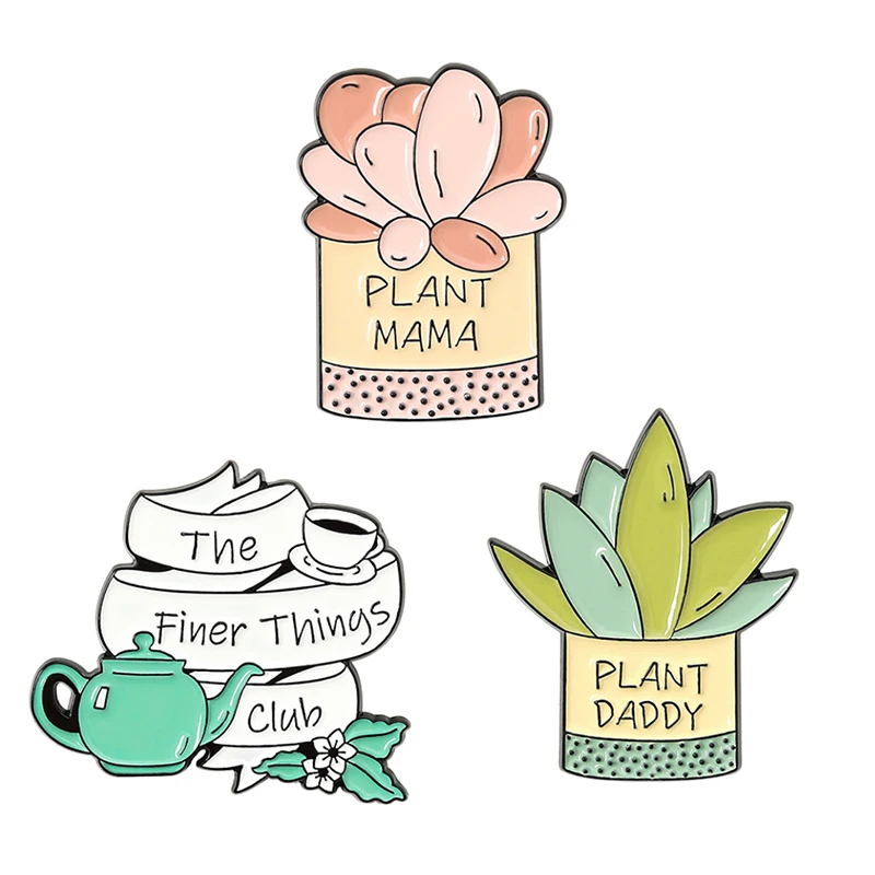 

Plant Series Enamel Pins PLANT DADDY MAMA Brooches Lapel Pin THE FINER THING CLUB Teapot Cup Badge Natural Jewelry