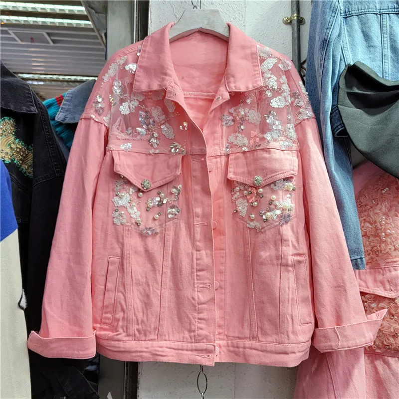 Fashion Blue Pink White Beading Sequins Embroidery Denim Jackets Women Loose Short Outerwear Big Pocket Jeans Jacket Coat Female
Fashion Blue Pink White Beading Sequins Embroidery Denim Jackets Women Loose Short Outerwear Big Pocket Jeans Jacket Coat Female