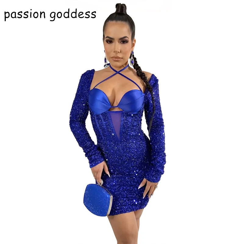 2022 Autumn Fashion Long Sleeve Tube Bodycon Women Sexy Sequins Dress Bling Mesh Pacthwork Halter Lace Up Blue Mini Party Dress
2022 Autumn Fashion Long Sleeve Tube Bodycon Women Sexy Sequins Dress Bling Mesh Pacthwork Halter Lace Up Blue Mini Party Dress