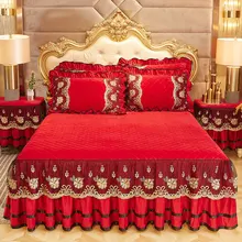 Red Cotton Quilted Lace Bedspread Ruffle Bedskirt King Size Coverlet Soft Full Queen Double Bed Cover Pillowcase