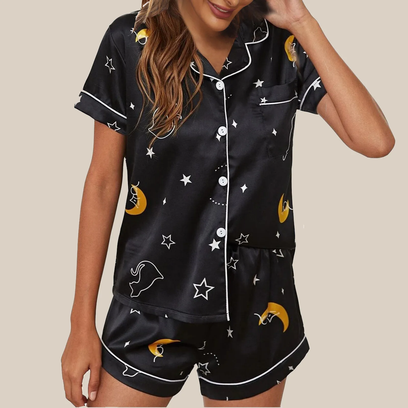 Пижамные комплекты, Женская домашняя одежда, милый кардиган с коротким рукавом и принтом звезд и луны, топы, шорты, пижамный комплект, пижама, ночная одежда, пижамы 
Пижамные комплекты, Женская домашняя одежда, милый кардиган с коротким рукавом и принтом звезд и луны, топы, шорты, пижамный комплект, пижама, ночная одежда, пижамы