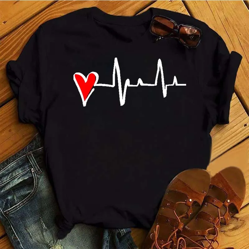 Red Heart Heartbeat Printed T Shirt Women New Black T Shirt Female Cute Graphic Tee Tops Women Casual O-neck Tops Shirt Clothes
Red Heart Heartbeat Printed T Shirt Women New Black T Shirt Female Cute Graphic Tee Tops Women Casual O-neck Tops Shirt Clothes
