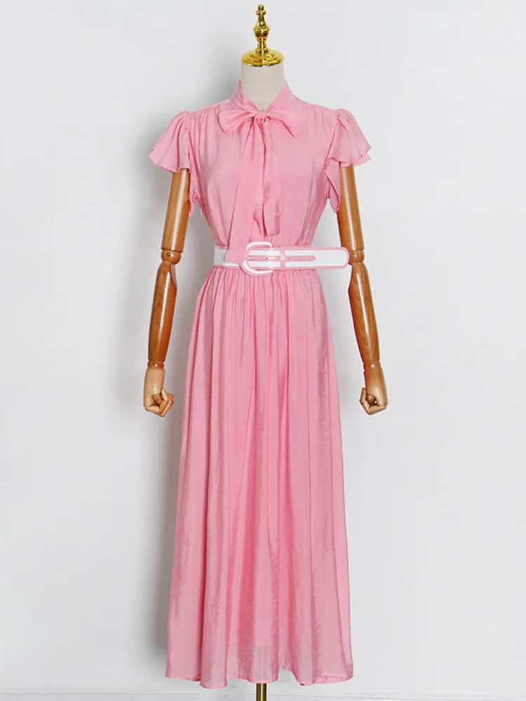 Women's Bow Maxi Dress Lace-Up Ladies Flying Sleeve Simple Ruffles Long Robe with Sashes Spring 2022 new
Women's Bow Maxi Dress Lace-Up Ladies Flying Sleeve Simple Ruffles Long Robe with Sashes Spring 2022 new